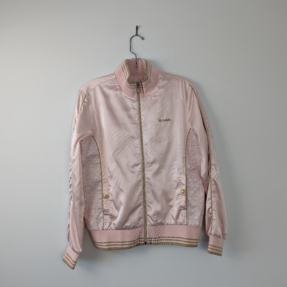 Rapida Women's Pink Satin Bomber Jacket with Stripe Detail - M